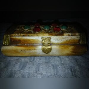 Hand-carved camel bone trinket box, Casket w/brass trim & inlaid Cabochon stones